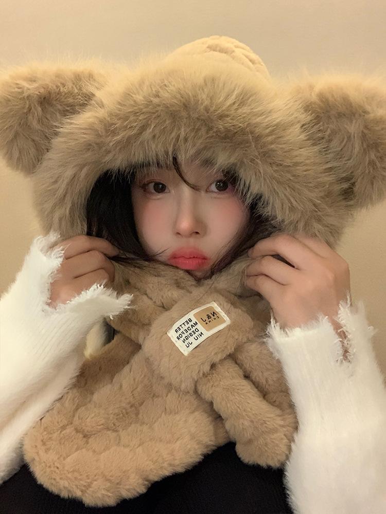 Bear plush hat women's winter scarf integrated warm thickened scarf cute cold winter ear protection two-piece set
