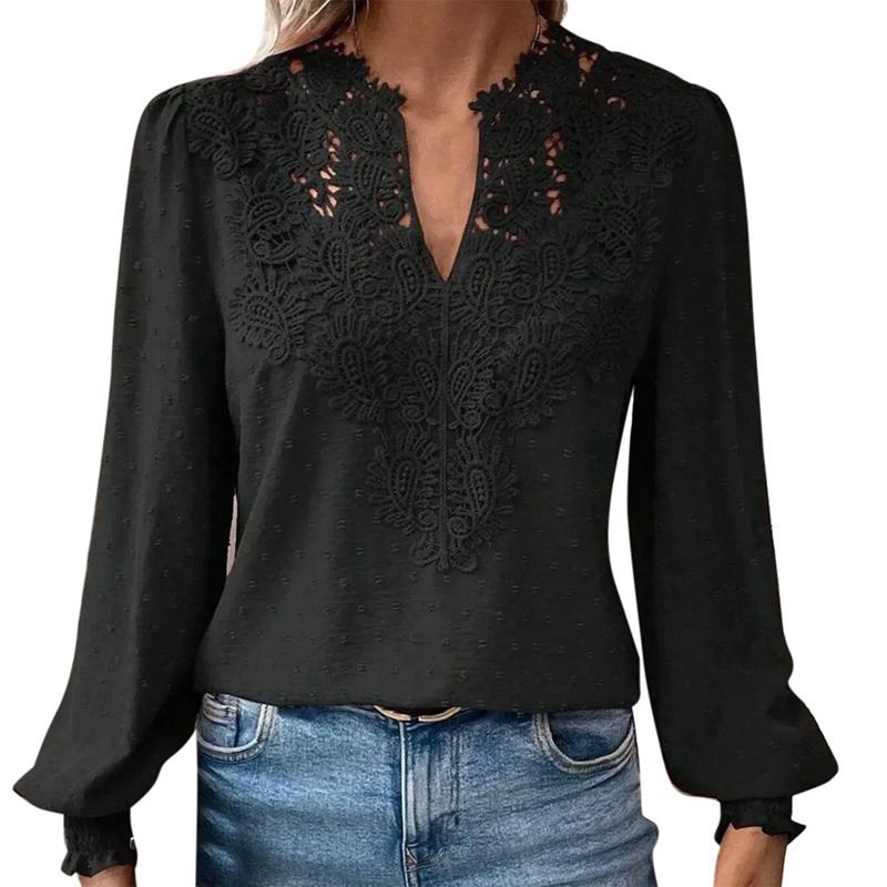 Women s V-Neck Lace Embroidered Patchwork Long-Sleeve Casual Shirt Top M
