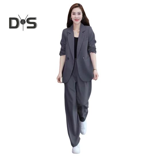 

Женский комплект из 2 предметов: пальто и брюки, длинные рукава, кардиган с двумя пуговицами, куртка средней длины, свободные прямые широкие брюки с высокой талией, формальные M серый