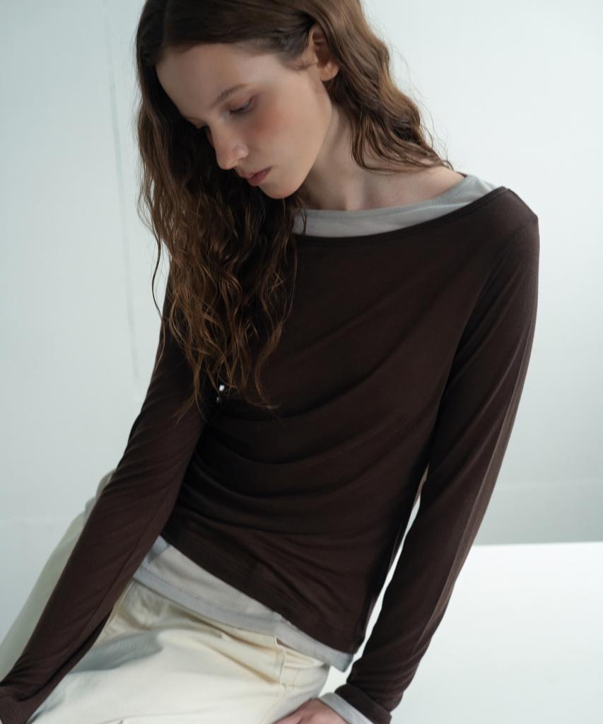 WAARFORWOMAN Wt-100 Color Block Shirred T-Shirt - Brown