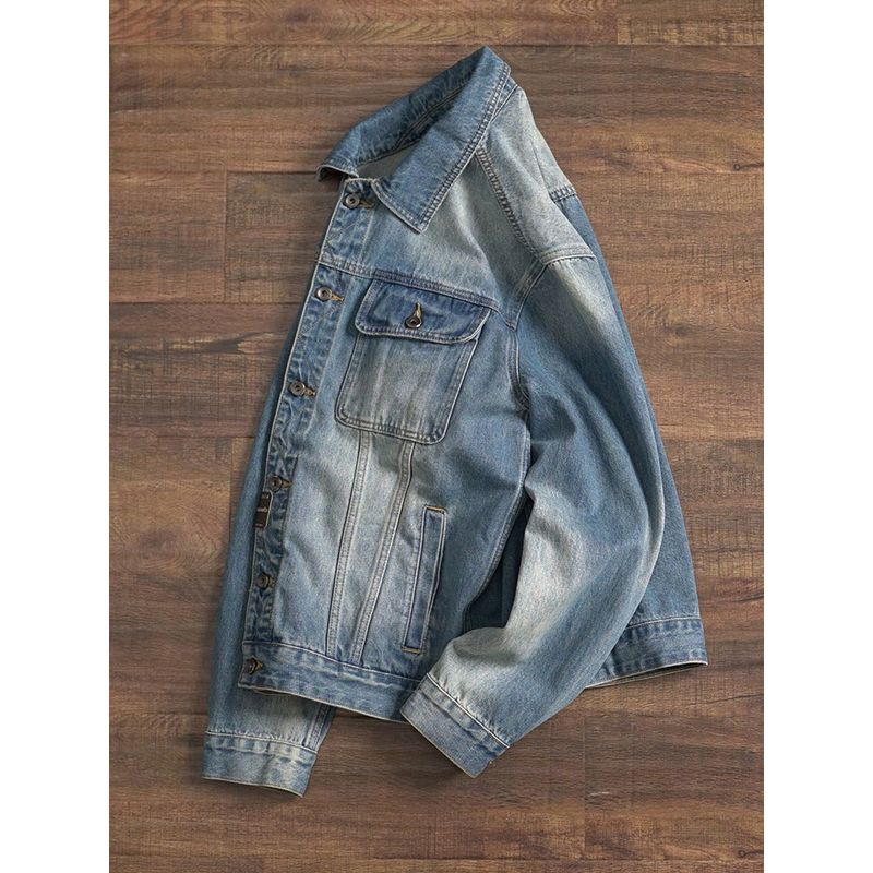 Retro Thickened Workwear Denim Jacket for Men, Autumn and Winter Short Style, Export Men's Clothing, Washed, Structured Shoulder, Stiff Jacket