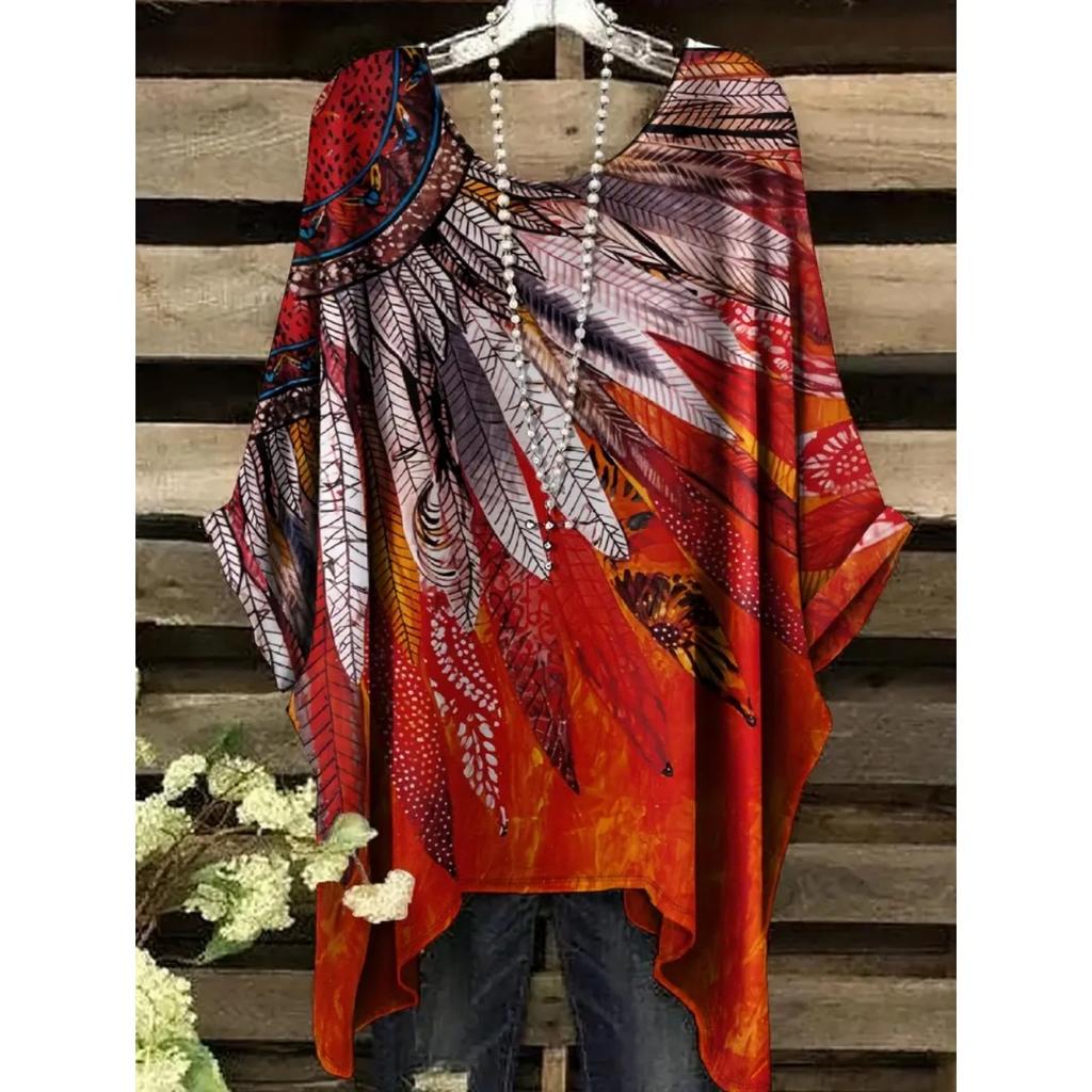 Camiseta de Verano para Mujer Estampado de Colibrí y Pavo Real Cuello Redondo Cola Cómoda Manga Corta Oversize Dobladillo Irregular Tops