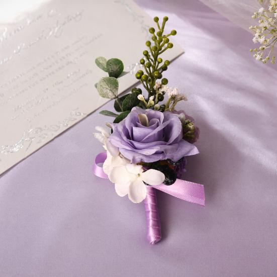 Yousheng Purple Wedding Boutonniere, Artificial Silk Flower Lapel Pin for Groom Bride Parents, Romantic Wrist Corsage for Bridal