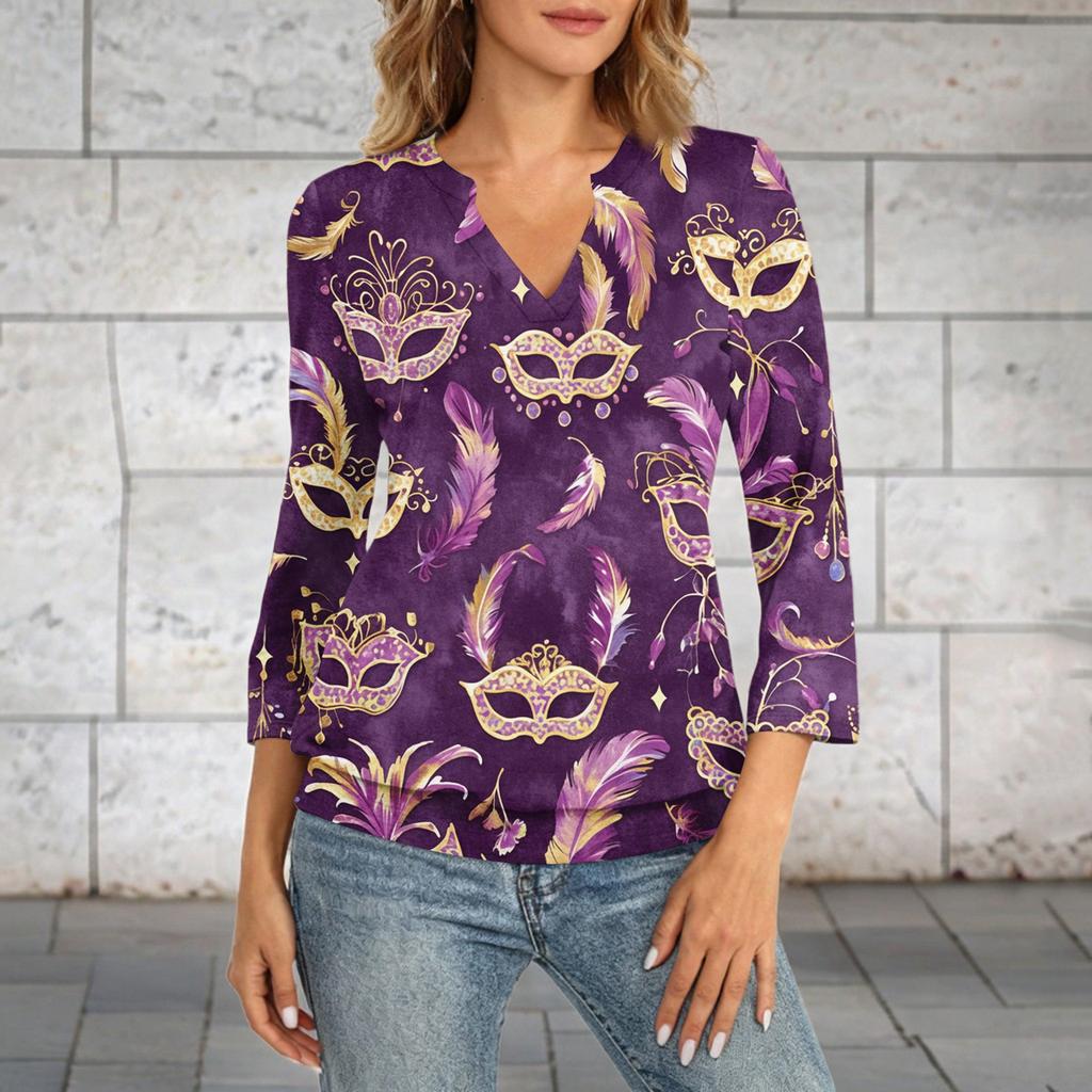 Women's 3/4 Sleeve Top With Cuffed Hem, V-Neck, Summer Casual -Shirt, Carnival Printed Top