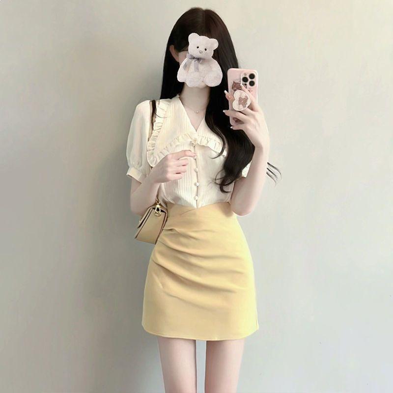Summer Salt Outfit: Lightly Mature Pure Style Two-Piece Shirt and Skirt Set for Women
