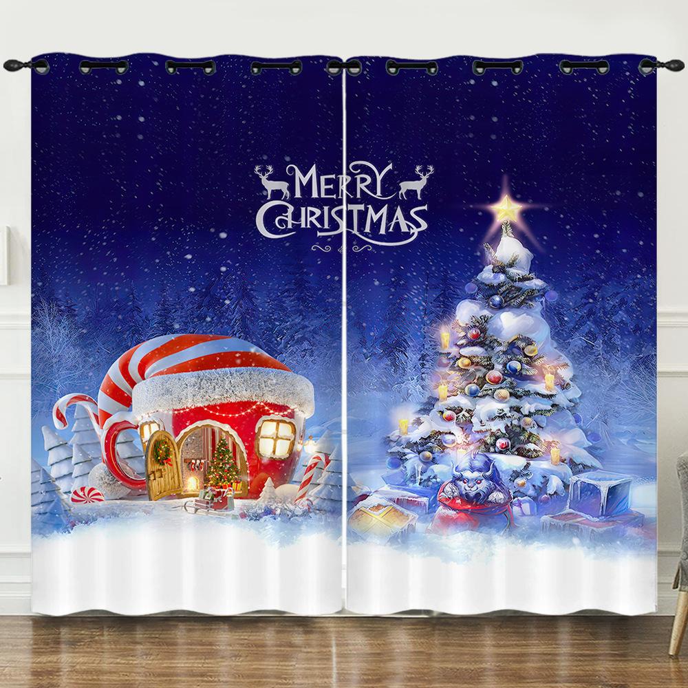 Christmas Day Curtains Blues Bedroom Sunshade Blackout Curtain No Punching