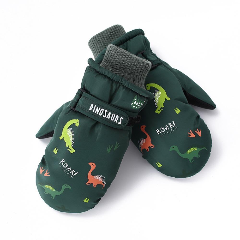 Cartoon Dinosaur Ski Gloves Windproof Waterproof Velvet Warm Gloves Lining Thickened Thermal Snow Gloves For Boy Girl Children зелёный