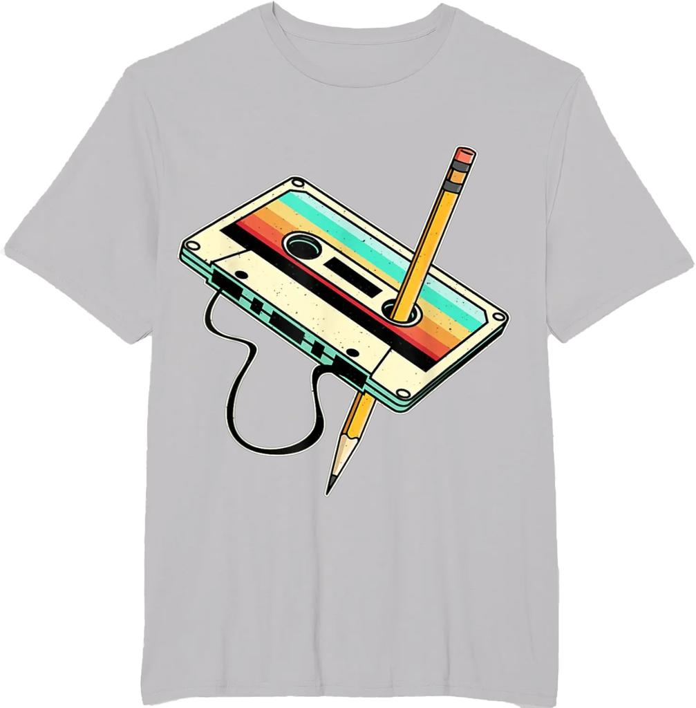 80s Cassette Tape Pencil 1980s Retro Vintage Throwback Music T-Shirt Men Clothing Vintage T Shirt Camisetas