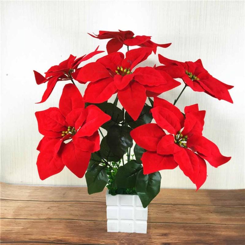 2 Bundles Christmas Artificial Poinsettia Bouquets 7 Heads Fake Flowers Ornaments For Christmas