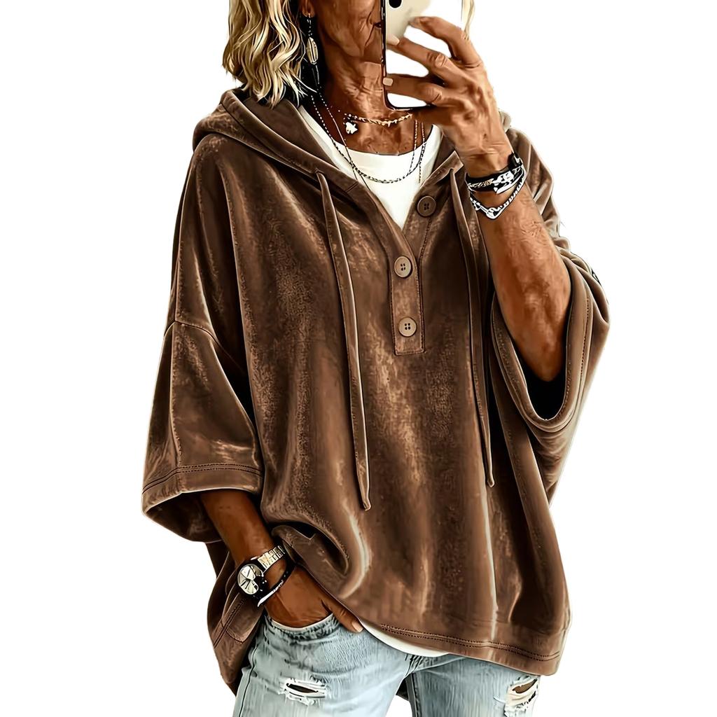 Women's Velvet Hooded Sweatshirt with Drawstring, Loose Fit Sleeve