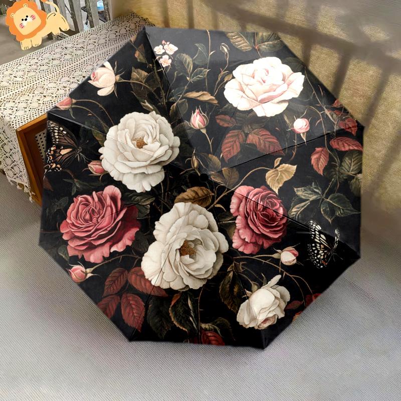 1 PC Automatic Folding Umbrella - Roses and Butterflies Pattern, Portable & Foldable Design with 8 Ribs, Christmas Birthday Gifts