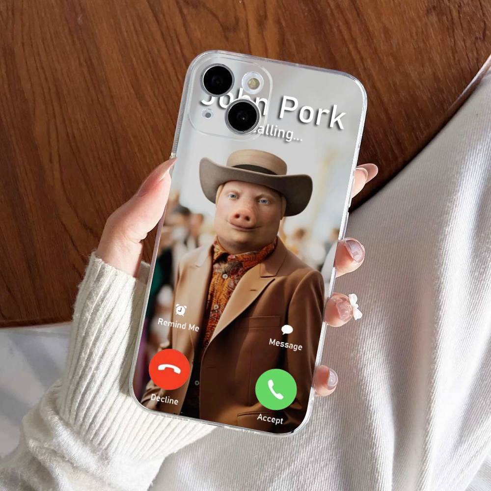 John Pork is Calling Answer Call Phone Case For iPhone 17 16 15 14 13 11 12 Pro Max Mini Plus Shockproof Transparent Soft TPU