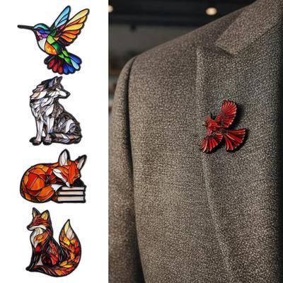 Colorful Wildlife Enamel Pin Stained Glass Style Animal Lapel Pin Cute Wolf Fox Red Bird Hummingbird Brooch Pin for Jackets Scarves Backpacks