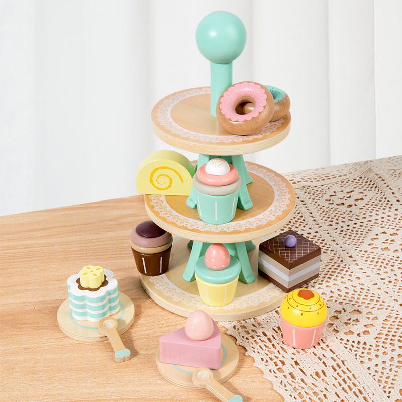 Kids Wooden Dessert Shelf With Multilayer Design For Imaginative Play Learning