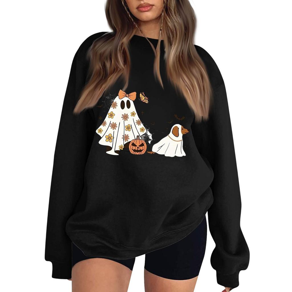 Women's Neck Long Sleeve Loose Fit Casual Sweatshirt Pullover Top with Halloween Print