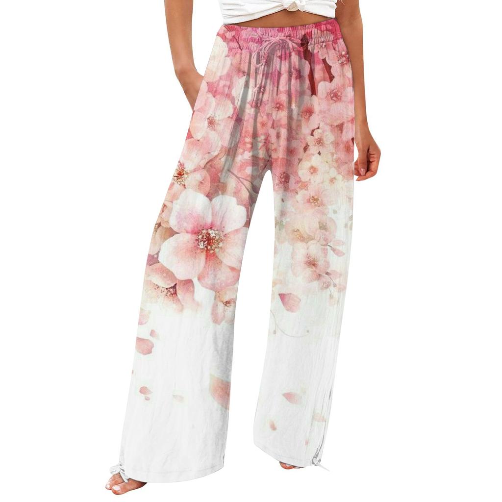 Pantalon pour femmes, pantalon d'été fluide, taille haute, jambes larges, imprimé, décontracté