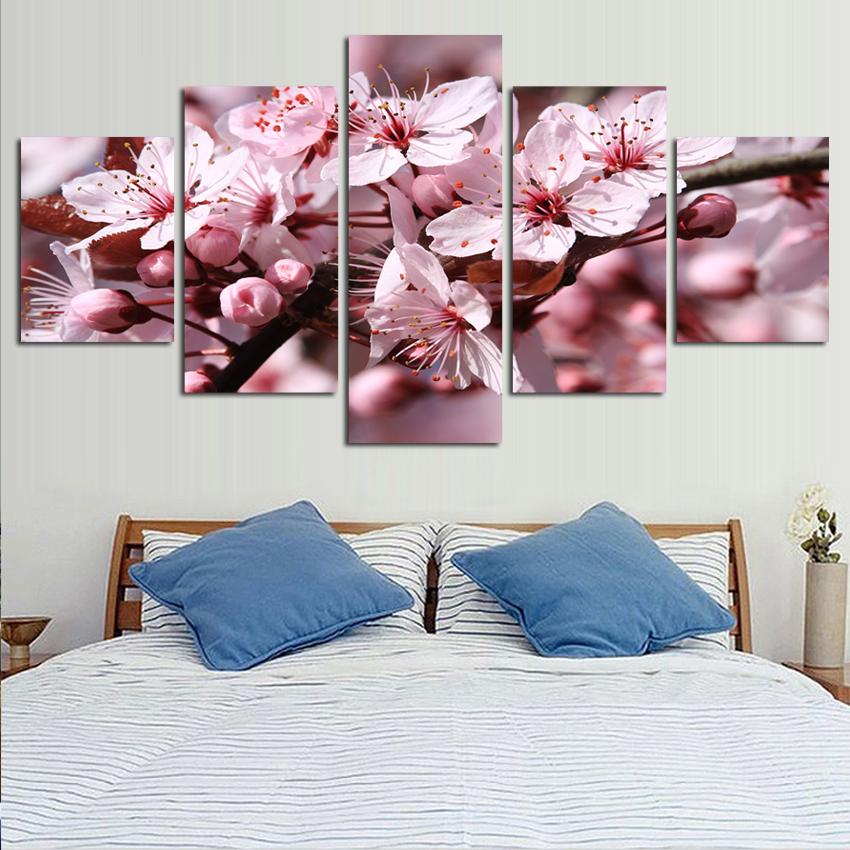 Home Decor Pictures HD Prints 5 Pieces Peach Cherry Blossoms Landscape Painting Wall Art Canvas Flowers Poster Modular Framework
