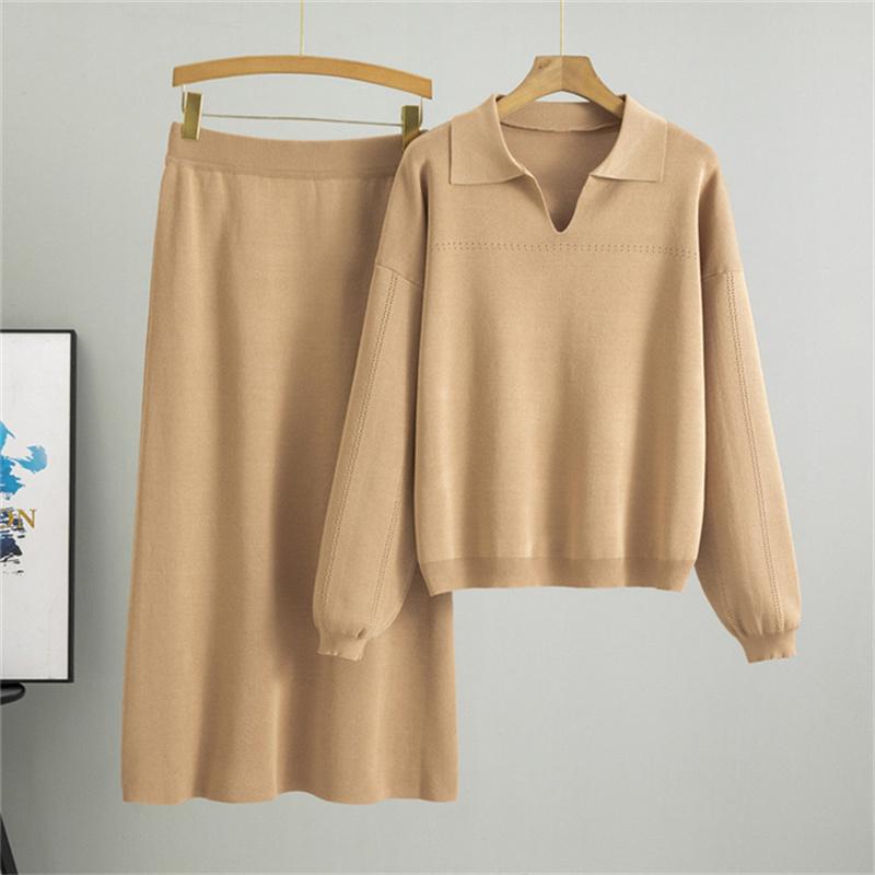 Autumn Women's Collar Half Skirt Set Knitted POLO Collar Simple Hollow Solid Color Loose Long Skirt Set