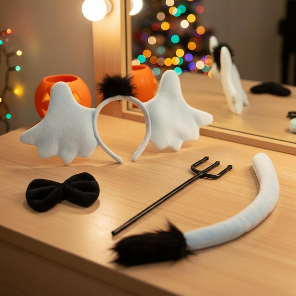 Headband Bow Tie Tail ThreePronged Spear Set Cosplay Devil Costume Accessory Kit Padded Soft