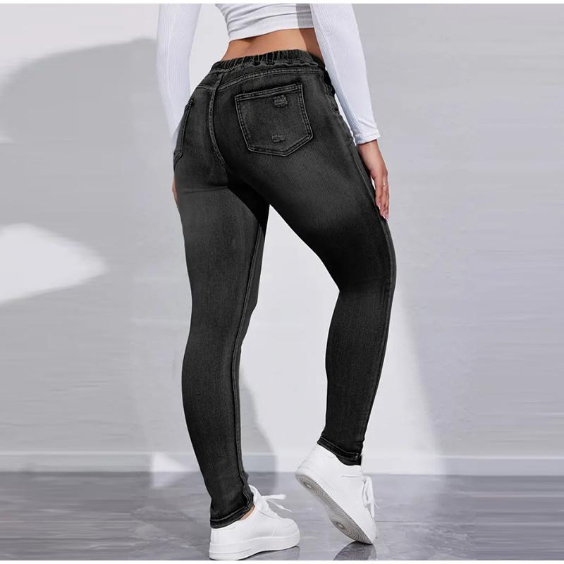 High Stretch Drawstring Denim Inspired Leggings for Women High Waist Slim Fit Lifted Buttocks Solid Color Tight Pants Spring