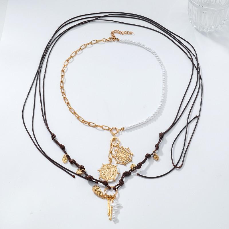 Handmade Multi-Layer Pendant Necklace With Imitation Pearl Beads Geometric Design Gold Tone Zinc Alloy Boho Chic