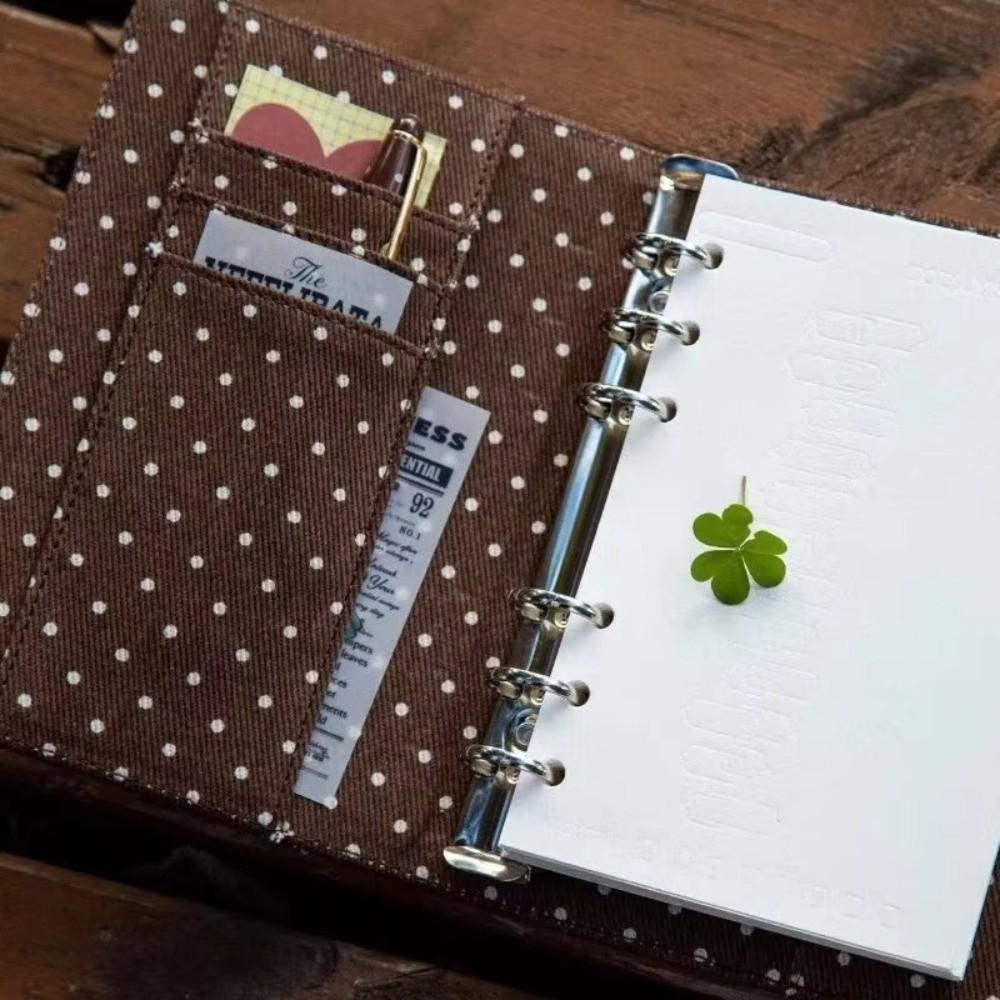 Retro DIY Polka Dot A7 Notebook Card Pocket Snap Button Journal Binder Cover Denim Fabric Loose Leaf Stationery Album Girls