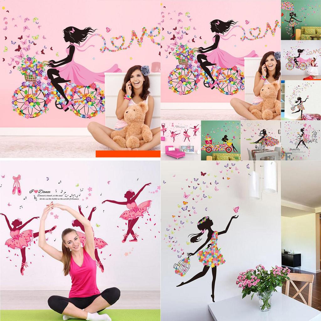Entzückende PVC Mädchen Kunst Wandaufkleber für Kinderzimmer mit Schmetterlings- und Blumenmustern
