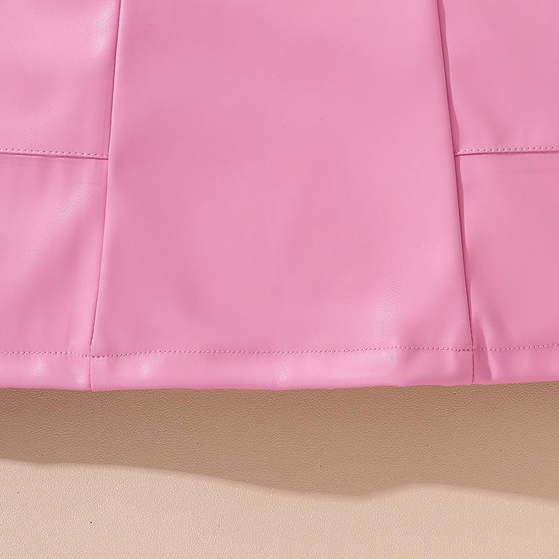 Girl's Suit 7-12y Children's Summer New Children's Fashion Bubble Sleeve Top + Leather Half Skirt 2pcs