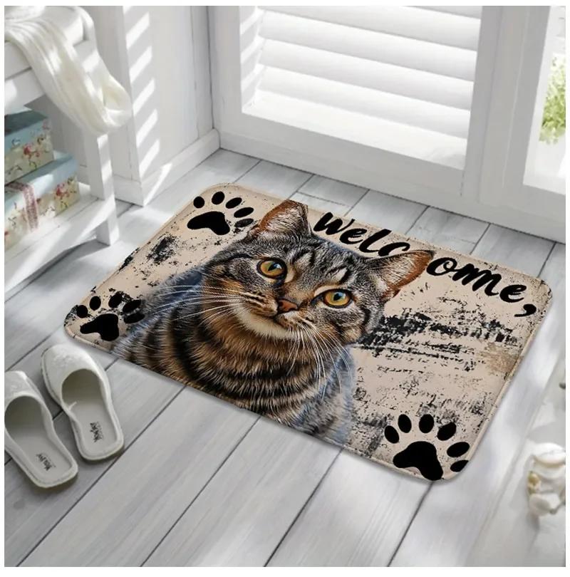 Vintage Welcome Cat Bedside Rug Flannel Non Slip Soft Bedroom Floor Mat