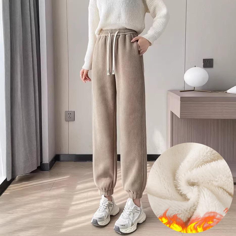 Fleece-Lined Lambswool Cuffed Sports Pants - 2026 Autumn/Winter Warm Windproof Slim Fit Cotton Pants