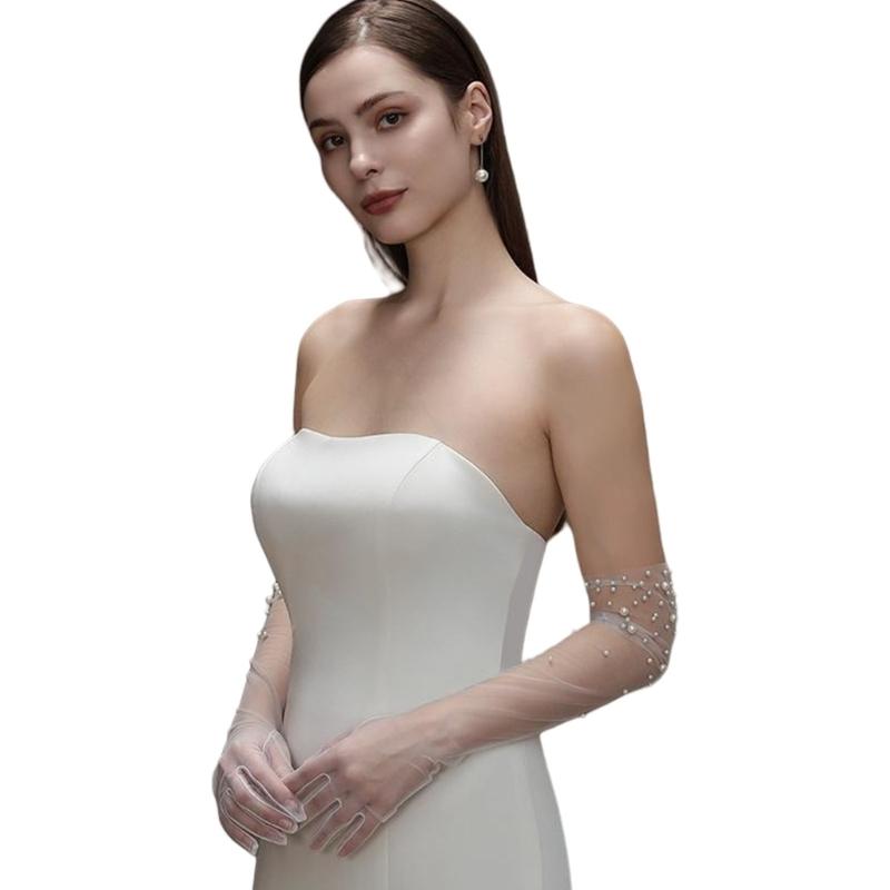 Breathable Sheer Mesh Tulle Wedding Gloves With Pearls Accents Comfortable for Bridal Ceremonies Wedding Accessories