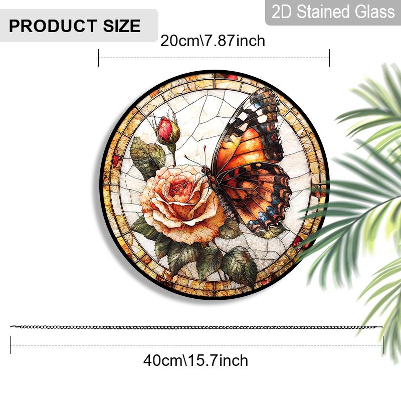 2D Flat, 1pc Butterfly & Rose Round 7.87in Glass Suncatcher, Monarch Butterfly & Rose Print Window Hanging Ornament, Romantic Floral Home Decor