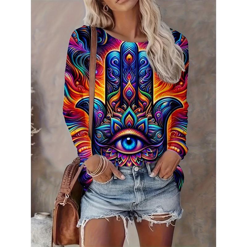 Womens Casual Abstract Print Long Sleeve Crew Neck T-Shirt 3D Effect 2025 Comfort Fit