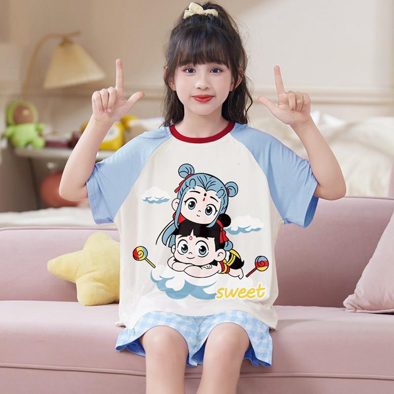 Girls Modal Cotton Pajama Set Short Sleeve Lightweight Sleepwear Cartoon Print Home Outfit Kids