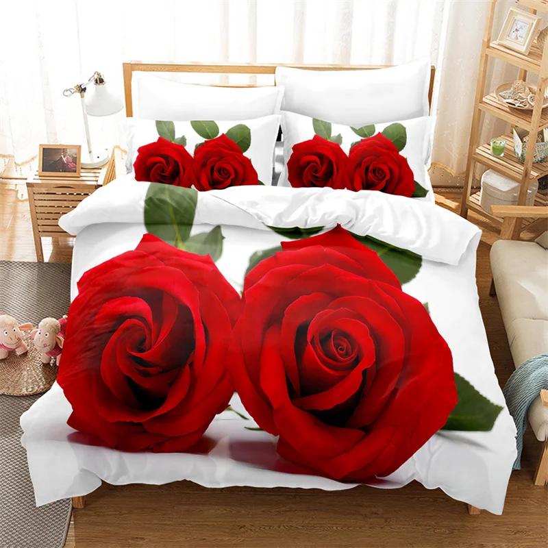 Red Flower Full Size Duvet Covers Rose Quilt Cover 200X230Cm Bedding Set 3Pcs 2Pcs 210X210Cm King Queen Single Double Bed
