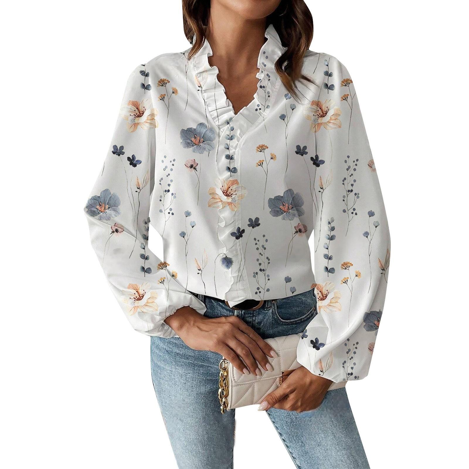 

Женская осенняя модная футболка с длинным рукавом с рюшами и v-образным вырезом, топ-рубашка L белый