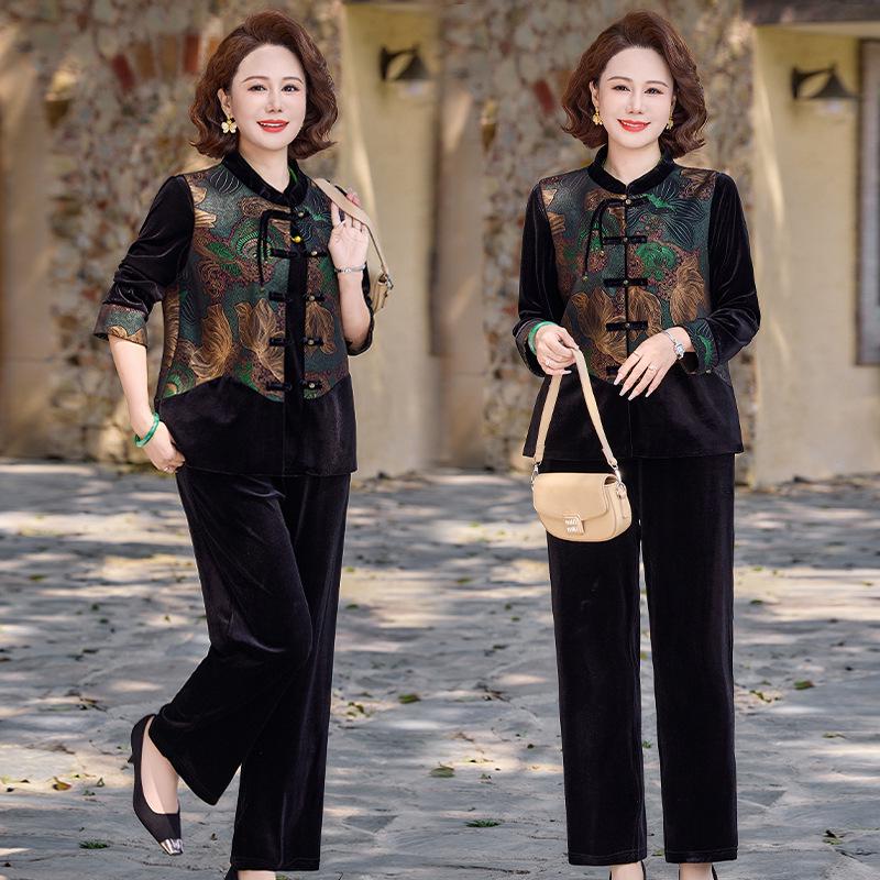 Women's Golden Velvet Vest & Suit: Middle-Aged/Elderly Spring Three-Piece Set - Chinese National Style