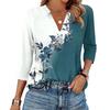 Women's Fashionable Casual Lapel T-Shirt With Retro Floral Print Seven Quarter Sleeve Top