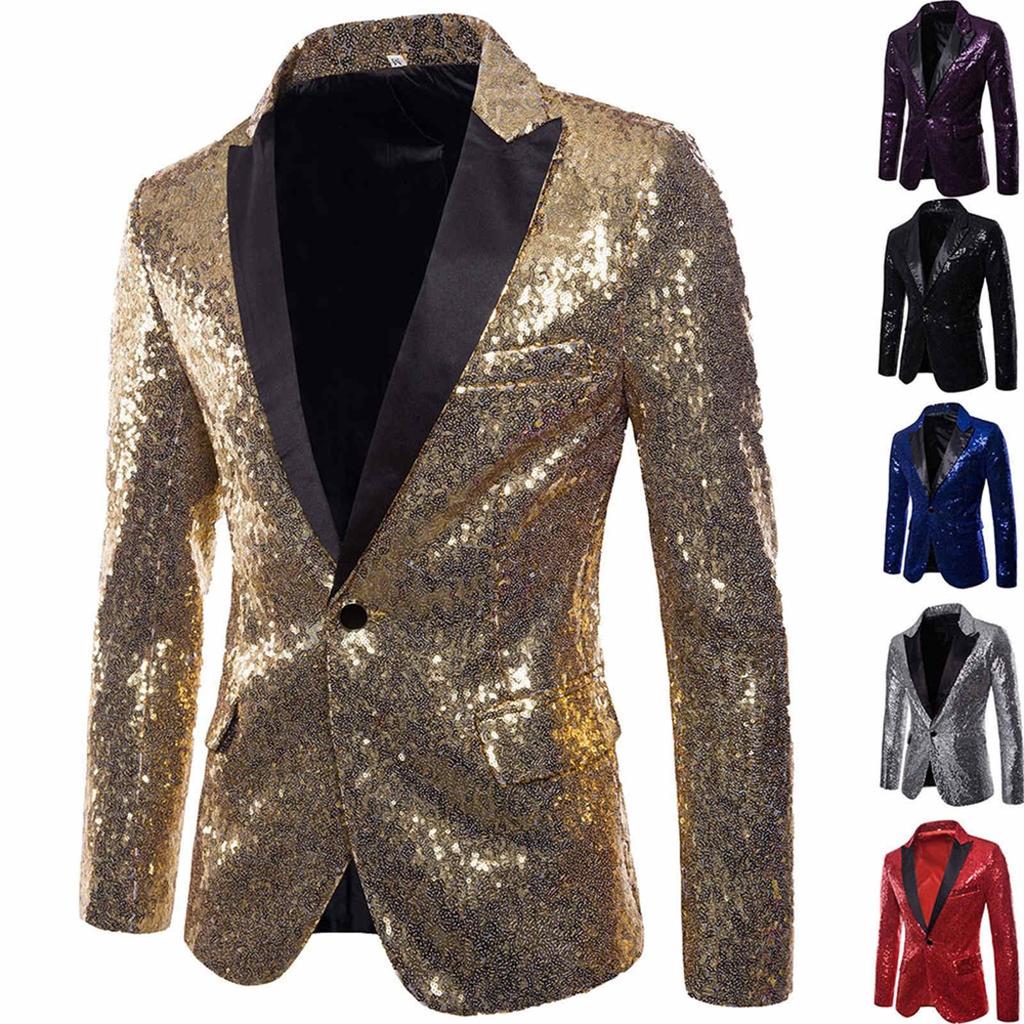 Charm Men's Casual One Button Fit Suit Coat Jacket Sequin Party Top