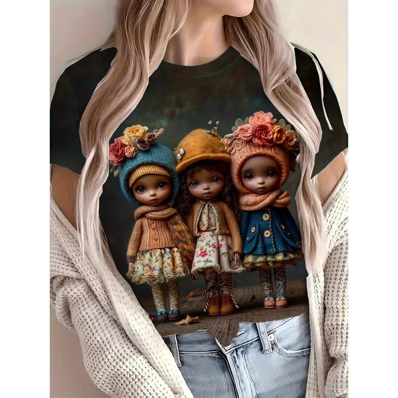 Casual Loose Fit Round Neck Short Sleeve T-Shirt With 3D Dog Print Women Men 2025