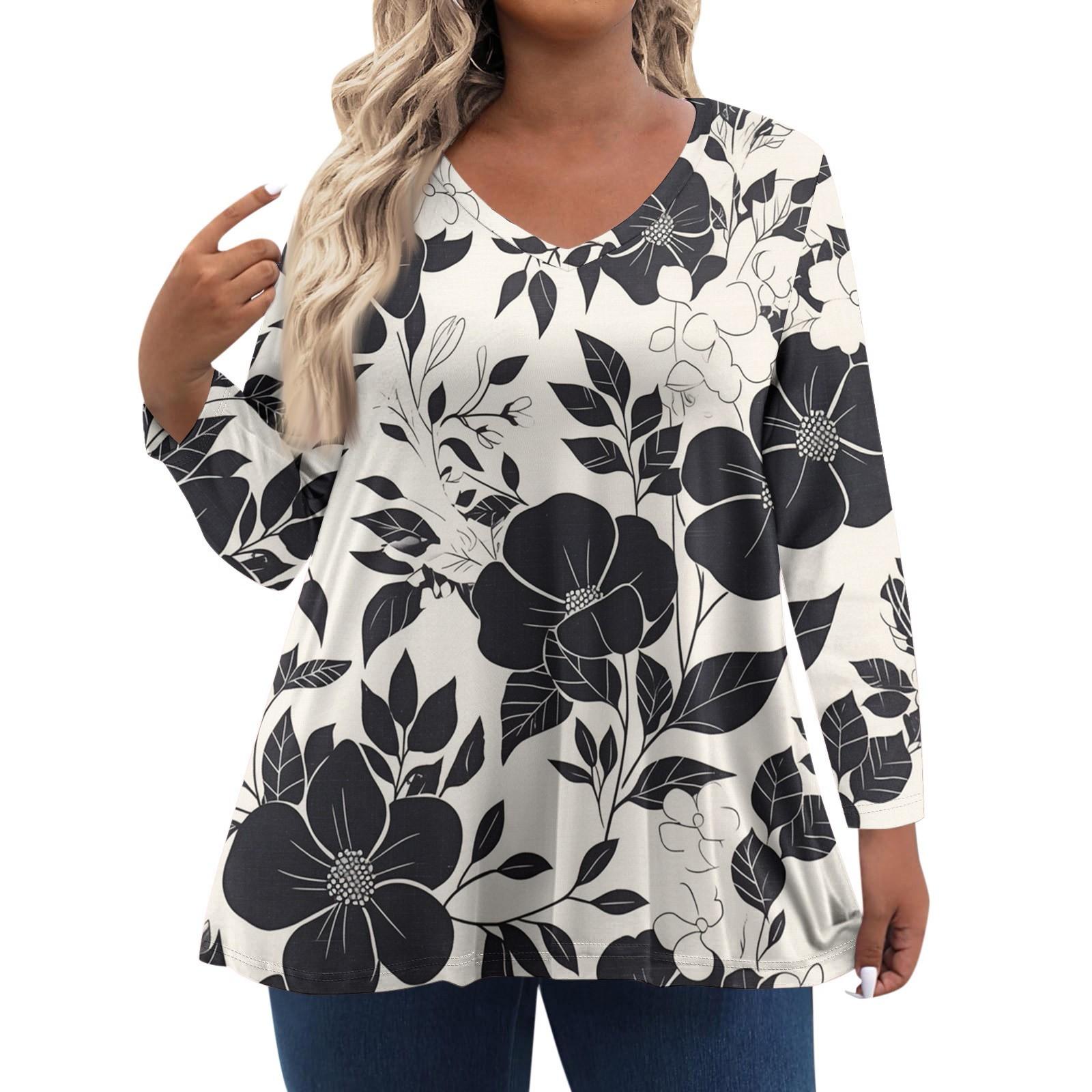 

Женская модная повседневная блузка с длинными рукавами большого размера с цветочным принтом большого размера XXXL чёрный