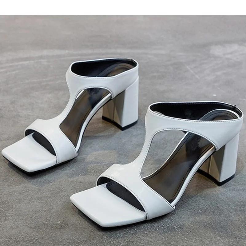 Fashion Women's High Heel Shoes 2025 Spring New Slippers Fashion Versatile Solid Color Medium Heel Thick Heel Square Toe Sandals Women