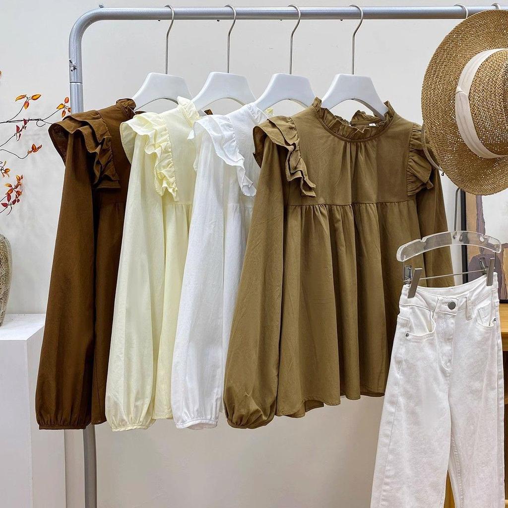 Damen Retro Französisches Langarmhemd mit Rüschenkragen - Autumn Slim Fit
