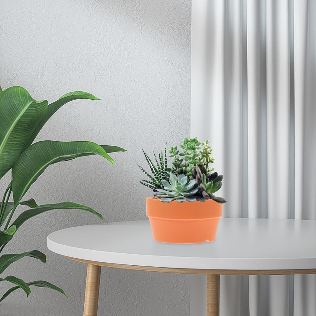 6 ks lehkých plastových květináčů s imitací terakotového povrchu, kulaté drenážní misky na květiny pro stolní desku, balkon