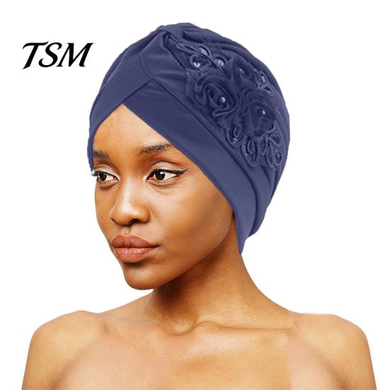 Winter Hat Women Good Stretch Wind-proof Tear-resistant Anti-shrink Brimless Warm Sequin Trim Flower All Match Turban Fashion Accessory Lady Beanie