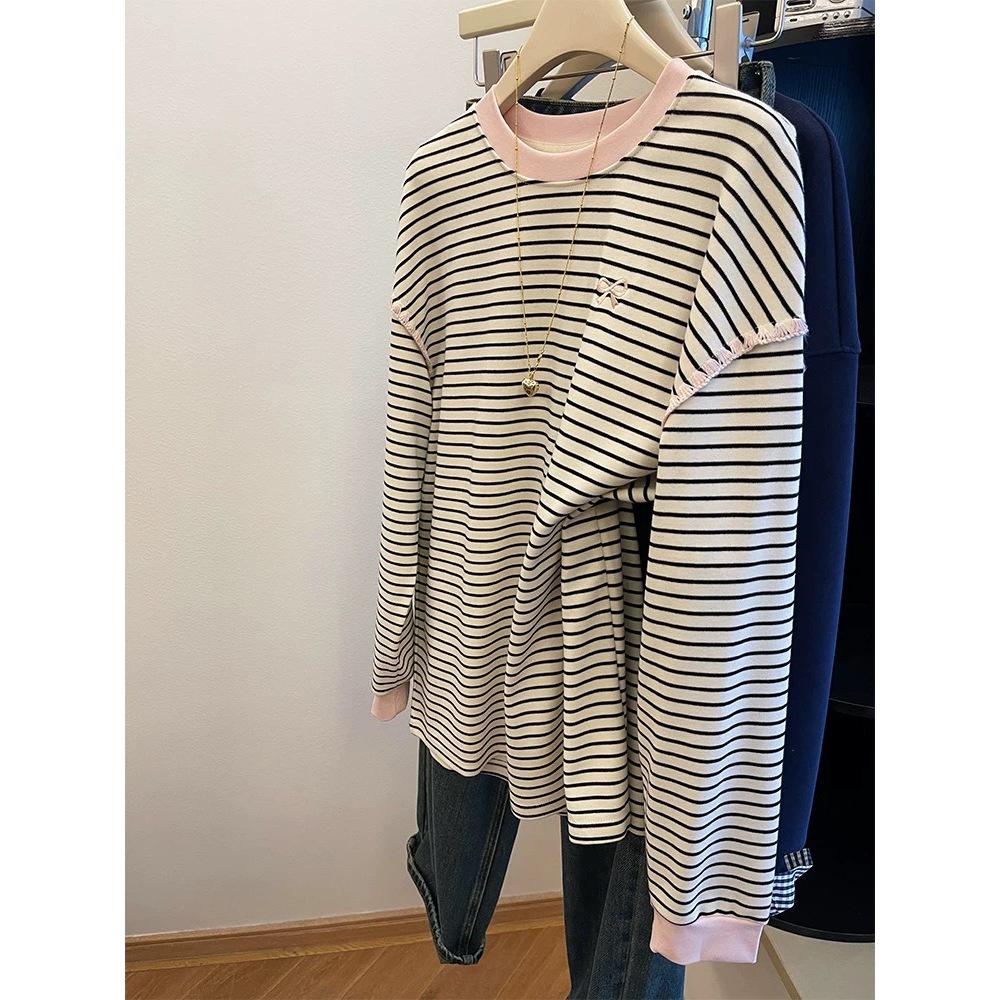 Women's Striped Bow Long-Sleeve Casual Top - Relaxed Fit, Plus Size, Autumn/Winter