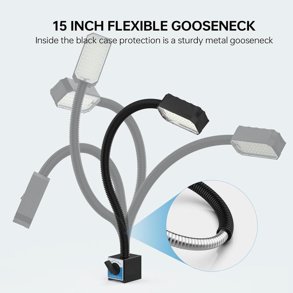 Magnetic Work Light, 1300 Lumens Led Machine Light with Strong Magnetic Base, Flexible Gooseneck Magnetic Lamp for Lathe and Drill Press, 10W 120V