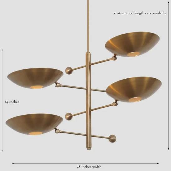 Stilnovo-Style 4-Arm Curved Disk Shade Sputnik Ceiling Pendant – Handmade Raw Brass Chandelier Fixture