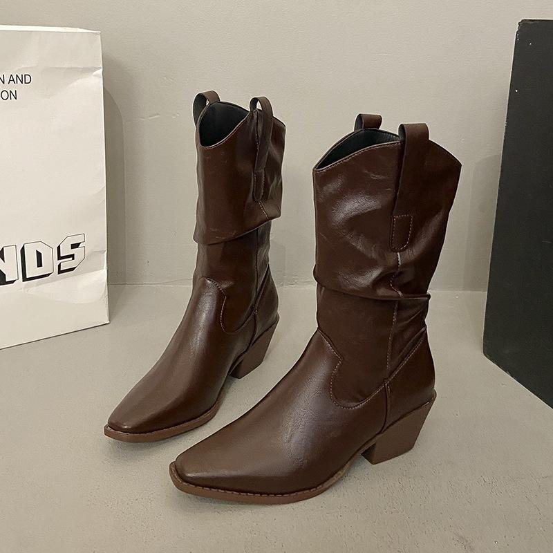 

2025 autumn and winter new medium boots thick heel pointed western boots British retro cowboy boots knight boots 35