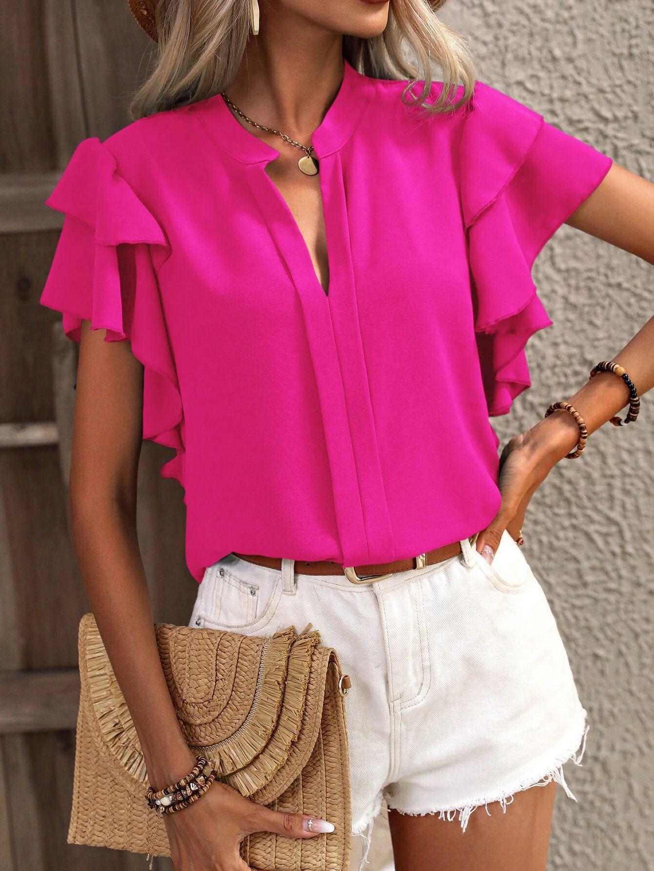 2025 Women s Summer V-Neck Casual Double-Layer Ruffle Sleeve Solid Color Shirt Small